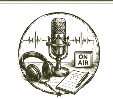 Vintage spoken-word microphone, headphones, waveform, and on-air sign illustration