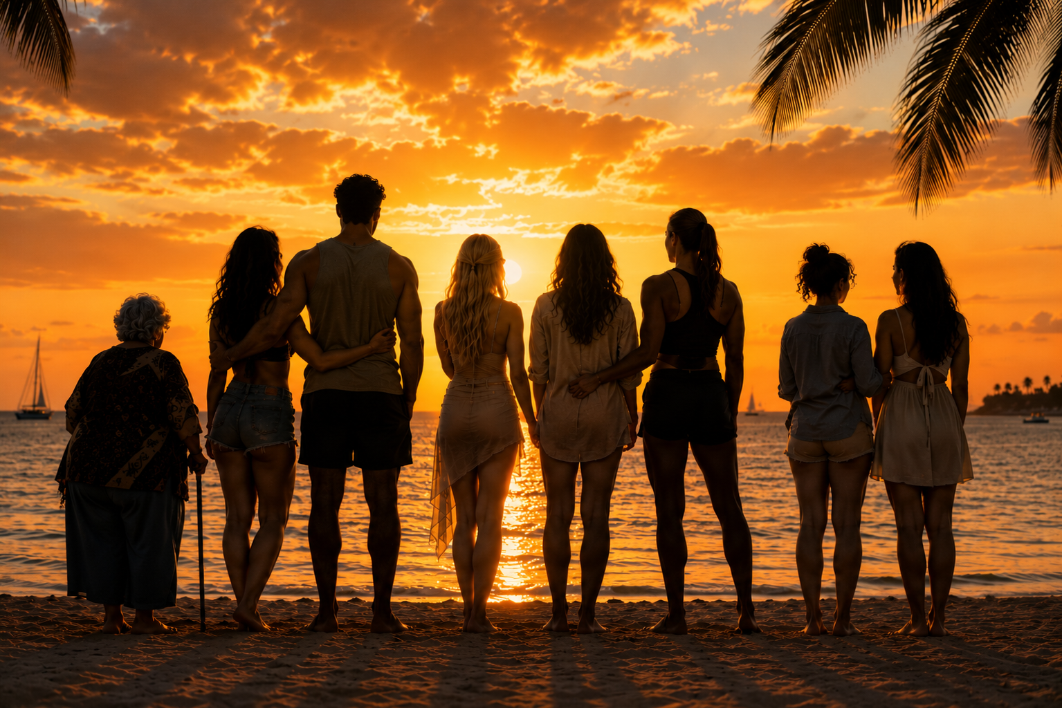 The Momositas standing together on a beach at sunset, looking toward the water.